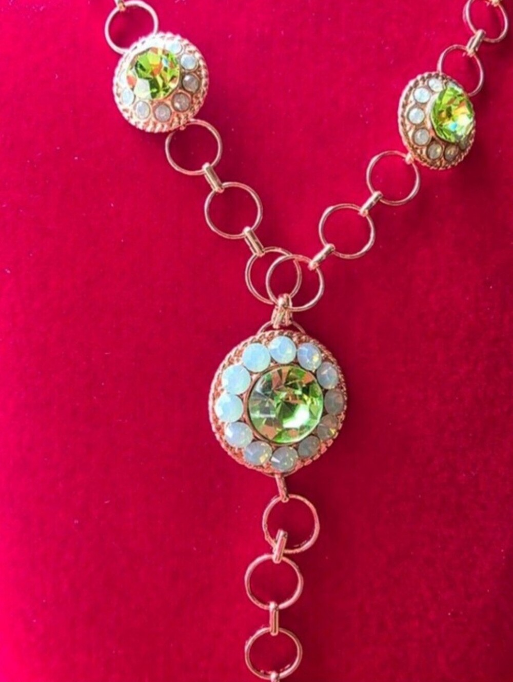 Green Rhinestone Gold Tone Y Necklace | Statement Necklace | Fashion Jewelry